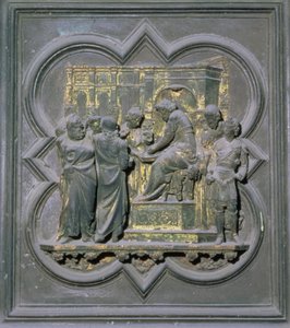 Poncius Pilátus kezet mos Krisztus előtt, a San Giovanni Keresztelőkápolna északi ajtóinak tizenhatodik panelje, 1403-24 (bronz)