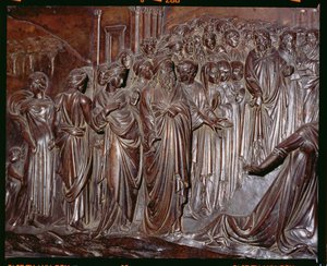 Szent Zenobius kegyhely, a tömeg részlete a Strozzi fiú csodájából, 1432-42 körüli 97641 bronz részlet
