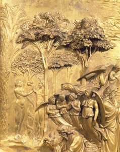 Ádám története, Ádám és Éva megkísértésének részlete, a Keresztelőkápolna keleti ajtaja egyik eredeti táblájáról, 1425-52 aranyozott bronz utórestaurálás