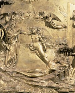 Ádám története, Éva teremtésének részlete, a Keresztelőkápolna keleti ajtóinak egyik eredeti táblájáról, 1425-52 aranyozott bronz utórestaurálás