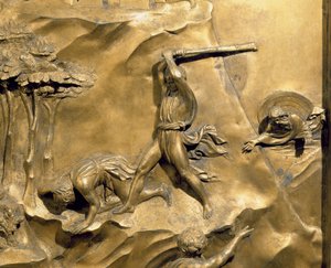 Káin és Ábel története, Ábel megölésének részlete, eredeti tábla a Keresztelőkápolna keleti ajtóiról, 1425-52 aranyozott bronz utánpótlás