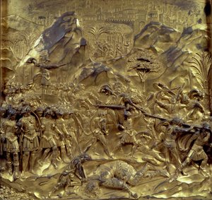 Dávid és Góliát története, egyike a tíz domborműtáblának a Paradicsom Kapujából (keleti ajtók), 1425-52 (aranyozott bronz) (lásd még: 87652-59 és 87661-67)