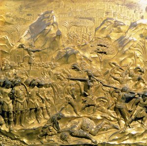Dávid és Góliát története, eredeti tábla a Keresztelőkápolna keleti ajtóiról, 1425-52 (aranyozott bronz) (restaurálás után)