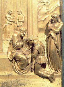 Jákob és Ézsau története, Izsák megáldása Jákob részlete, a Keresztelőkápolna keleti ajtaja eredeti táblájáról, 1425-52 aranyozott bronz utórestaurálás