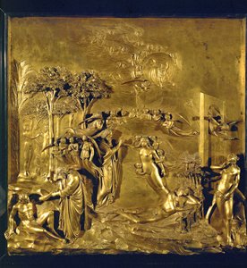 Ádám teremtése, Éva teremtése Ádám bordájából, kiűzetés a Paradicsomból (bronz). alkotó: Lorenzo Ghiberti