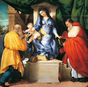 Madonna és gyermeke Szent Giuseppével és Jeromossal, a San Francesco al Monte oltárának központi táblája, 1525 körül, Lorenzo Lotto (1480-1556), olaj, vászon alkotó: Lorenzo Lotto