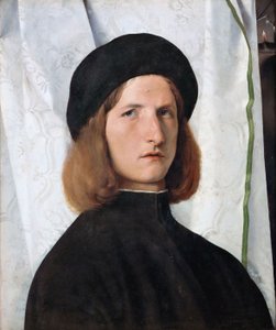 Német: Bildnis eines Jünglings vor weißem Vorhang Fiatalember portréja lámpával alkotó: Lorenzo Lotto