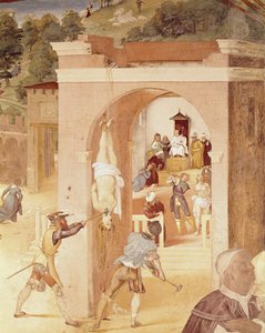 Jelenetek Szent Borbála életéből, a római prelátusnak, Marcianusnak átadott, majd megkínzott Szent Borbála részlete, 1523-24 alkotó: Lorenzo Lotto