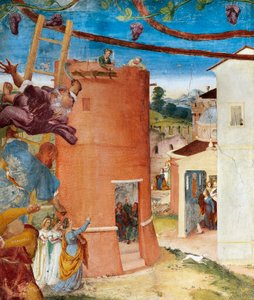 Szent Borbála a toronyban, részlet a Christ-Vine-ből és Lorenzo Lotto Szent Borbála legendája (körülbelül 1480-1556), freskó, részlet, Villa Suardi, Capella Suardi, Trescore Balneario alkotó: Lorenzo Lotto