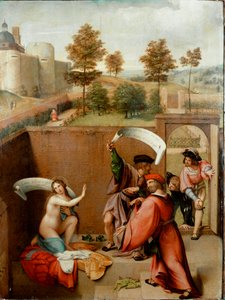 Suzanne a fürdőben vagy „Suzanne és az idősek”. A karakterek phykacteres-t forgatnak, vagy nekik írják a szövegüket. Lorenzo Lotto (1480-1556) festménye 1517. Galleria degli Uffizi (Irodák) Firenze