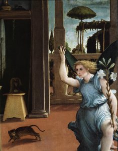 Az Angyali üdvözlet, az angyal részlete alkotó: Lorenzo Lotto