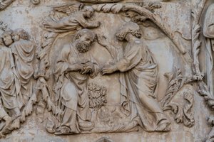 Gedeon gyapjú, részlet Jesse-fáról és messiási próféciák, Genezis történetei, Lorenzo Maitani domborművei (1275-1330 előtt), második pillér, Orvieto katedrális homlokzata, Umbria, Olaszország