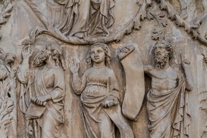 Próféták, részlet Jesse-fáról és messiási próféciák, Genezis történetei, Lorenzo Maitani domborművei (1275-1330 előtt), második pillér, orvietoi katedrális homlokzata, Umbria, Olaszország