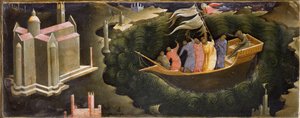 Szent Miklós ábrázolása, amint megnyugtatja a Tempetét. Nicolas de Myra (vagy Nicolas de Bari) megment egy hajót az elsüllyedéstől. Lorenzo Monaco festménye fára (kb. 1370-kb. 1423/1424) Firenze, Galleria del 