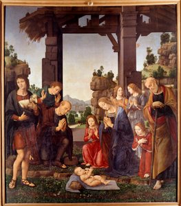 A Pásztorok imádása Lorenzo di Credi (1458-1537) festménye 15. század V. 2,24x1,96 m Firenze, galleria degli Uffizi (Irodák)