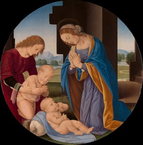 Madonna imádja a gyermeket Keresztelő Szent János csecsemővel és egy angyallal, 1492 körül (tempera fán)