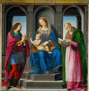 Madonna és gyermeke, körülötte Szent Julián és Myrai Szent Miklós ... alkotó: Lorenzo di Credi