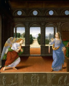 Az Angyali üdvözlet és három történet a Genezisből 1480-85 körül (tempera fatáblán)
