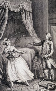 Pár a hálószoba ágya előtt - a „” Les francaises-ben ou 34 példa a jelenlegi erkölcsökben, amelyek alkalmasak leányok, nők, feleségek, anyák vezetésére” Restif de La Bretonne (1734-1806), ill. írta: Binet, Neufchatel