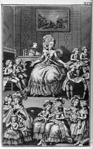 Louis Binet (1744-1800) illusztrációja Nicolas Edme Restif de La Bretonne „Les Parisiennes” című könyvéhez, avagy a modern mórok XL általános karaktereihez, amelyek alkalmasak a l’instruction des Person-du-Sexe kiszolgálására, az új Lycee des mo emlékirata