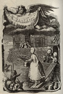 Restif de La Bretonne (1734-1806) francia író „Az elvetemült paraszt vagy a város veszélyei” című művének illusztrációja. Binet metszete a 18. századból.