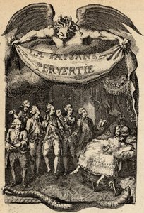Restif de La Bretonne (1734-1806) francia író „Az elvetemült paraszt vagy a város veszélyei” című művének illusztrációja. Binet metszete a 18. századból.