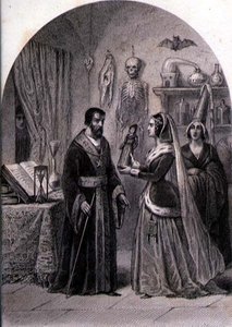 Egy ügyfél meglátogat egy varázslót, vésette Philibert Langlois (fl.c.1834-9) (metszet) alkotó: Louis (after) Marckl