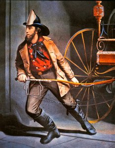 Az amerikai tűzoltó: Mindig készen, kiadó: Currier & Ives alkotó: Louis (after) Maurer