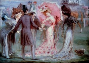 Jó idő: "" Mérlegelés"" Fiatal nőket vizsgáló férfiak a lóversenyhez való ragaszkodással. Louis Anquetin (1861-1932) festménye, 20. századi magángyűjtemény alkotó: Louis Anquetin