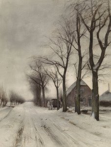 Winterlandschaft mit Bauernhof an einer Allee (Téli táj parasztházzal egy sugárúton)