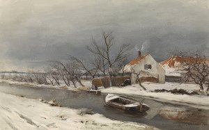 Winterlandschaft mit Häusern und einem Kanal (Téli táj házakkal a csatornán). 1874