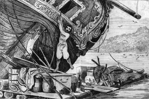 Leereszkedtem a tutajomra, majd a tengerre vetettem magam... metszet M. de Sainson rajza után Daniel Defoe (De foe) Robinson Crusoe könyvéhez” 1837-es francia kiadás.