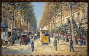 Avenue de la Gare Nizzában (jelenlegi Jean Medecin sugárút). A bal oldalon egy Morris oszlop látható. Louis Beroud (1852-1930) festménye, olaj, vászon, francia művészet, XX. század eleje. Musee Massena, Nizza.