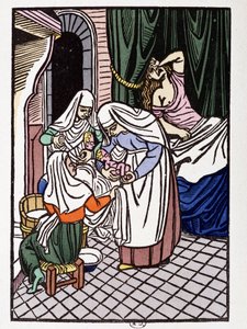 Szülő nő - a „”-ban Frene és Galeran szerelmei Jean Renard után, XII. századi lelet, André Mary adaptációja”, ill. Louis Bouquet fametszete, szerk. Jonquieres, Párizs