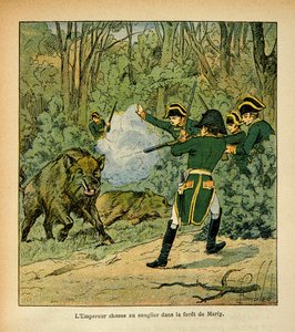 Bombled Louis (1862-1927) illusztrációja Emmanuel de Las Cases gróf (1766-1842) "Szent Heléna emlékezete" című könyvéből: Napóleon császár vaddisznóra vadászik a marlyi erdőben, magángyűjtemény. alkotó: Louis Charles Bombled