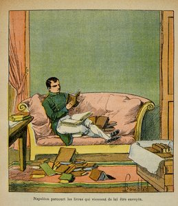 Bombled Louis (1862-1927) illusztrációja Emmanuel de Las Cases (1766-1842) gróf „Szent Heléna emlékműve” című könyvéből: Napóleon császár végigjárja azokat a könyveket, amelyeket most küldtek el St. Helene magángyűjteményébe alkotó: Louis Charles Bombled