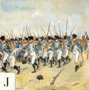 J betű: Fiatal őr, "Je serai soldat" (Katona leszek) - Katonai ábécé alkotó: Louis Charles Bombled