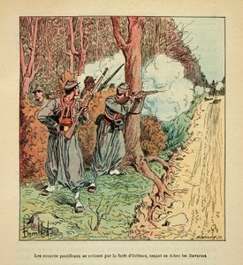 Eugene Sergent, Grenest néven ismert, Louis Bombled (1862-1927) által illusztrált A Loire menti hadsereg (francia-német háború; 1870-1871-es hadjárat): Orleans-i háború, a pápai zouávok visszavonultak az orleans-i erdőn keresztül, sakkban tartva a bajoroka alkotó: Louis Charles Bombled