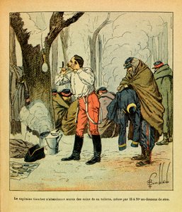 Eugene Sergeant keleti hadereje, Grenest mellett, Louis Bombled (1862-1927) illusztrálásával (francia-német háború; 1870-1871-es hadjárat): Gaucher kapitány még az idő közepén sem mond le WC-jének gondozásáról. tél, Magángyűjtemény alkotó: Louis Charles Bombled