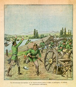 Eugene Sergeant keleti hadereje, Grenest néven, Louis Bombled (1862-1927) illusztrálásával (francia-német háború; hadjárat 1870-1871): A francia indítékok és mesterlövészek csapata átkelt a Rajnán, és megrázta a német hídmunkásokat, Private Collecti alkotó: Louis Charles Bombled