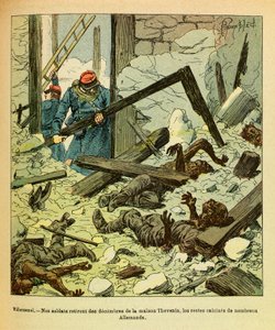 Eugene Sergeant keleti hadereje, Grenest néven, Louis Bombled (1862-1927) illusztrálásával (francia-német háború; hadjárat 1870-1871): 1871. január, Villersexeli csata, a francia katonák eltávolítják egy házból a németek maradványait katonák, közlegény C alkotó: Louis Charles Bombled