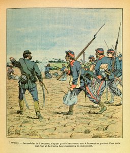 Eugene Sergeant keleti hadereje, Grenest néven, Louis Bombled (1862-1927) illusztrálásával (francia-német háború; hadjárat 1870-1871): Lantenay-i csata 1870 novemberében, az Aveyron mobiltelefonok havresac nélkül az ellenséghez mennek hordozó ri alkotó: Louis Charles Bombled