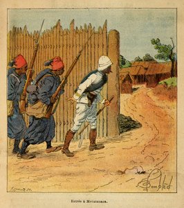 A madagaszkári háború – Az 1885-1895-ös francia expedíciók anekdotikus története, Henri Galli dit Galllichet (1854-1922), illusztrálta Louis Bombled (1862-1927): A francia csapatok 1895-ben bevonultak Mevatanana faluba, magángyűjtemény alkotó: Louis Charles Bombled