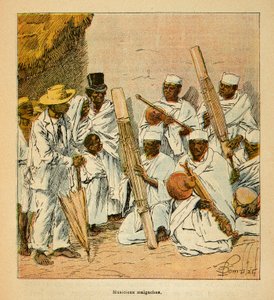 A madagaszkári háború – Az 1885–1895-ös francia expedíciók anekdotikus története, Henri Galli dit Galllichet (1854–1922), illusztrálta: Louis Bombled (1862–1927): Madagaszkári zenészek a 19. században, Magángyűjtemény alkotó: Louis Charles Bombled