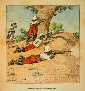 A madagaszkári háború – Az 1885–1895-ös francia expedíciók anekdotikus története, Henri Galli dit Galllichet (1854–1922), illusztrálta: Louis Bombled (1862–1927): Afrika vadászai gyalogosan harcoló Madagaszkáron 1895-ben, Magángyűjtemény alkotó: Louis Charles Bombled
