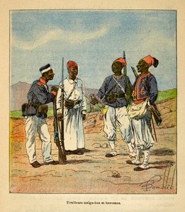 A madagaszkári háború – Az 1885-1895-ös francia expedíciók anekdotikus története, Henri Galli dit Galllichet (1854-1922), illusztrálta: Louis Bombled (1862-1927): Madagaszkár és Haoussas Tirailleurs, Magángyűjtemény alkotó: Louis Charles Bombled
