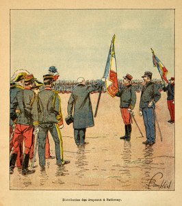 A madagaszkári háború – Az 1885-1895-ös francia expedíciók anekdotikus története, Henri Galli dit Galllichet (1854-1922), illusztrálta Louis Bombled (1862-1927): Zászlók kiosztása Sathonayban a Madagaszkárra induló csapatok között 1895-ben a sajtó alkotó: Louis Charles Bombled