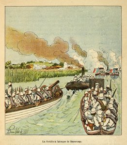 A madagaszkári háború - Az 1885-1895-ös francia expedíciók anekdotikus története Henri Galli dit Galllichet (1854-1922), illusztrálta Louis Bombled (1862-1927): A tengerészgyalogság megtámadta Marovoay városát 1895-ben, magángyűjtemény. alkotó: Louis Charles Bombled