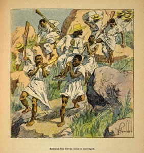 A madagaszkári háború – Az 1885-1895-ös francia expedíciók anekdotikus története, Henri Galli dit Galllichet (1854-1922), illusztrálta: Louis Bombled (1862-1927): Hovas csapatok visszavonulása a hegyekben, Magángyűjtemény alkotó: Louis Charles Bombled
