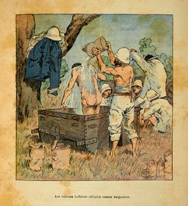 A madagaszkári háború – Az 1885-1895-ös francia expedíciók anekdotikus története, Henri Galli dit Galllichet (1854-1922), illusztrálta Louis Bombled (1862-1927): A Lefebvre autók, amelyeket a katonák fürdőkádként használtak 1895-ben Madagaszkáron, Magángyű alkotó: Louis Charles Bombled